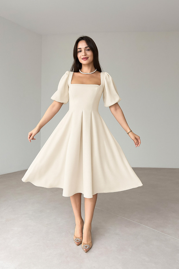 Beige Crepe Fabric Balloon Sleeve Pleated Square Neck Midi Length Dress