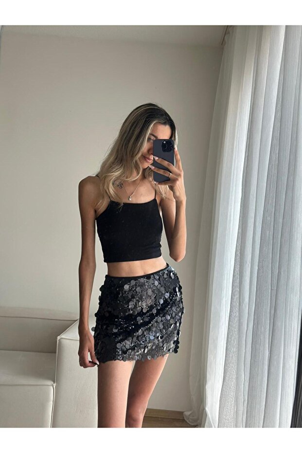 Siyah Payetli Mini Etek - 4