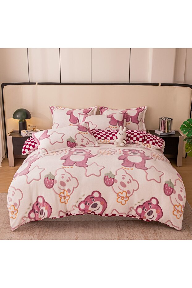 Cocolino 1 Person Bedding Set With Elastic, 4 Pieces, Teddy Bear and Raspberry - 4