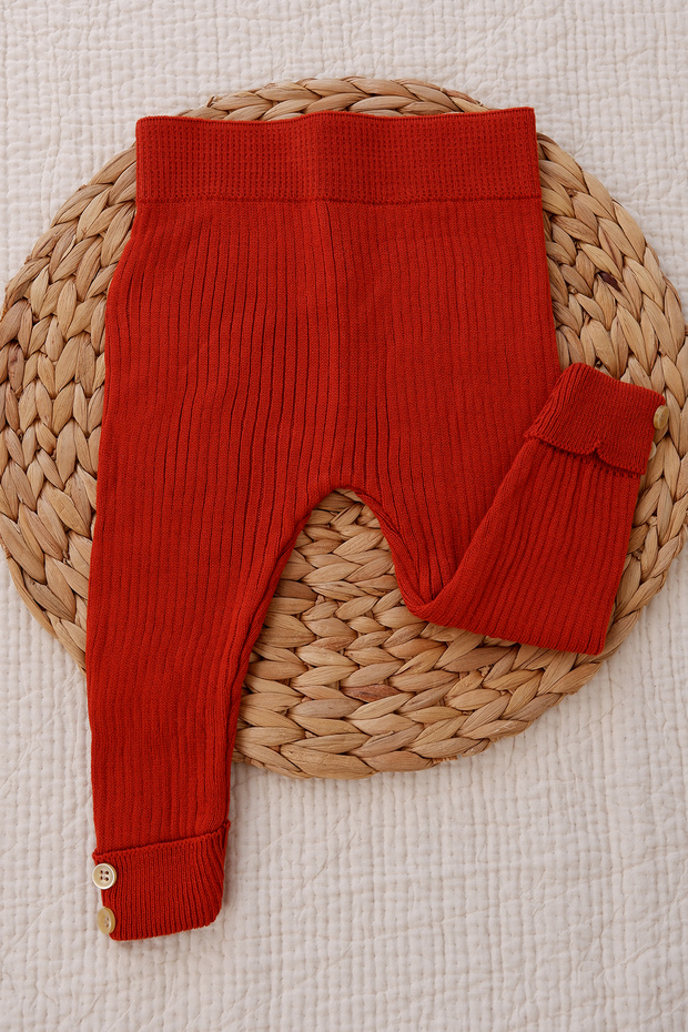 Button Detailed Ribbed Knitwear Leggings Brick Color
