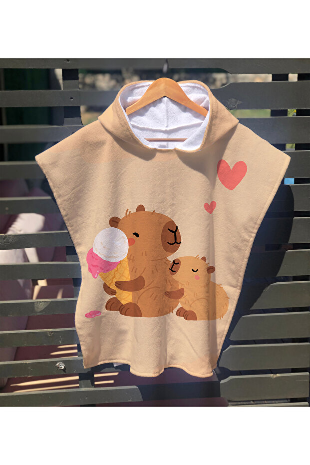 Capybara Patterned Children's Poncho Beach Towel & Bathrobe 60X60 cm