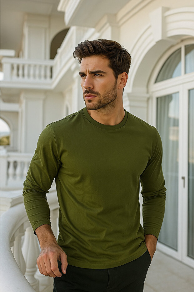 Men's Khaki Long Sleeve Crew Neck T-Shirt - 100% Cotton Basic Relaxed T-Shirt
