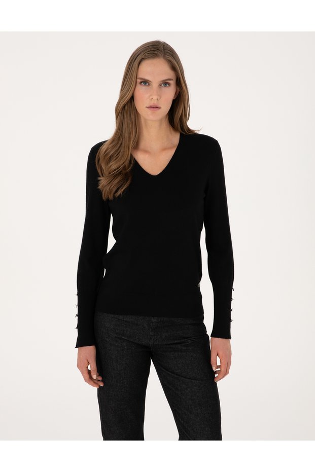 Black Slim Fit V-Neck Basic Sweater 50310915-Vr046