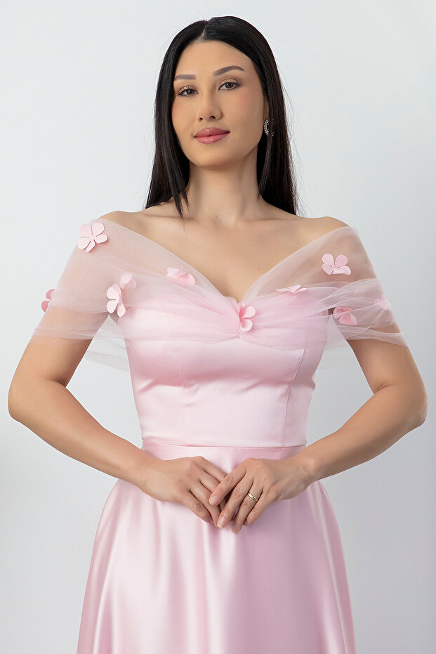 Straplez Yaka Göğüs Tül Detaylı Abiye ECR5587 - 2