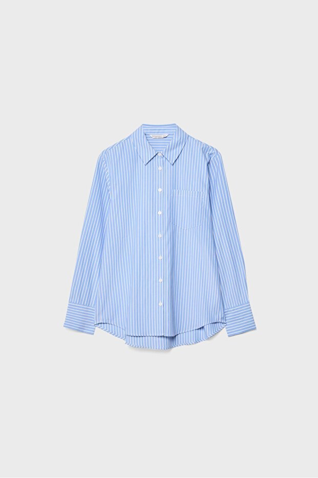 Basic çizgili poplin cepli gömlek - 5