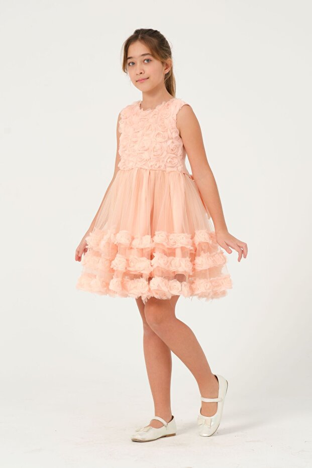 KIZ ÇOCUK ÜÇBOYUT GÜLLÜ ABİYE ELBİSE - 1