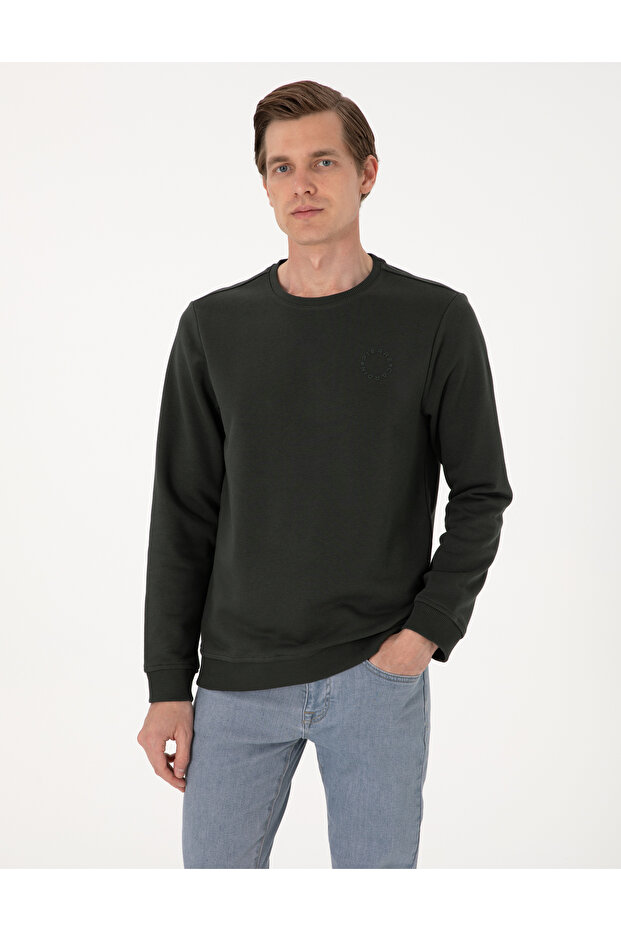 Dark Green 3 Thread Regular Fit Crew Neck Basic Sweatshirt 50314978-Vr079