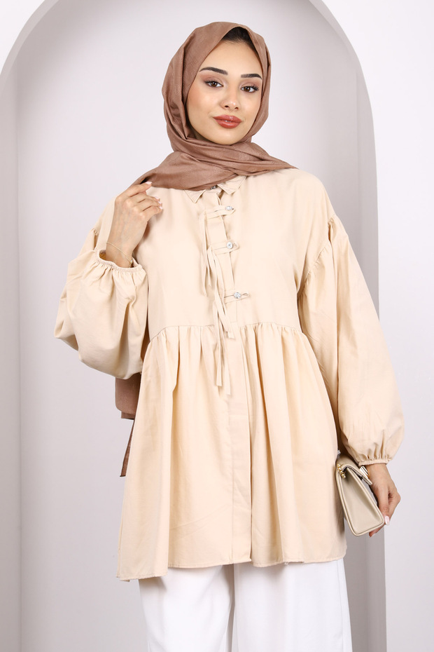 Beige Sleeve Elastic Front Buttoned Tunic