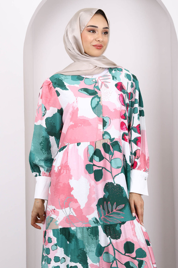 فستان أخضر منقوش بنصف زر - 3