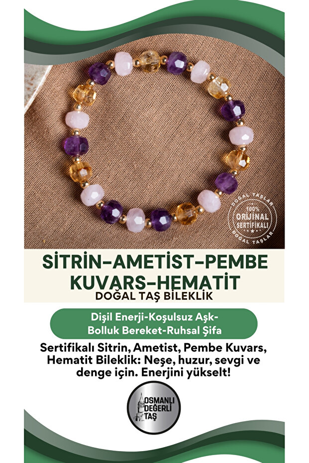 Certified Citrine Amethyst Pink Quartz Hematite Natural Stone Bracelet
