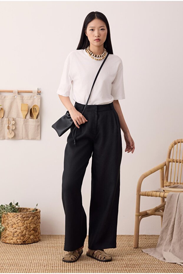 Pileli Basic Keten Pantolon Siyah - 6