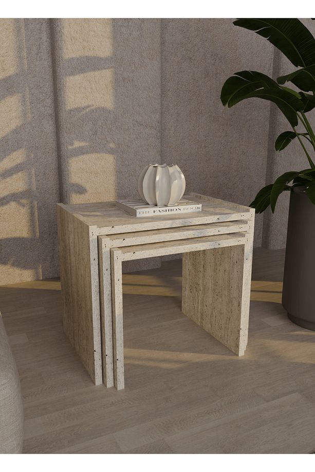 Helsinki 3lü Zigon Sehpa İskandinav Traverten Desen Modern Zigon Sehpa - 4
