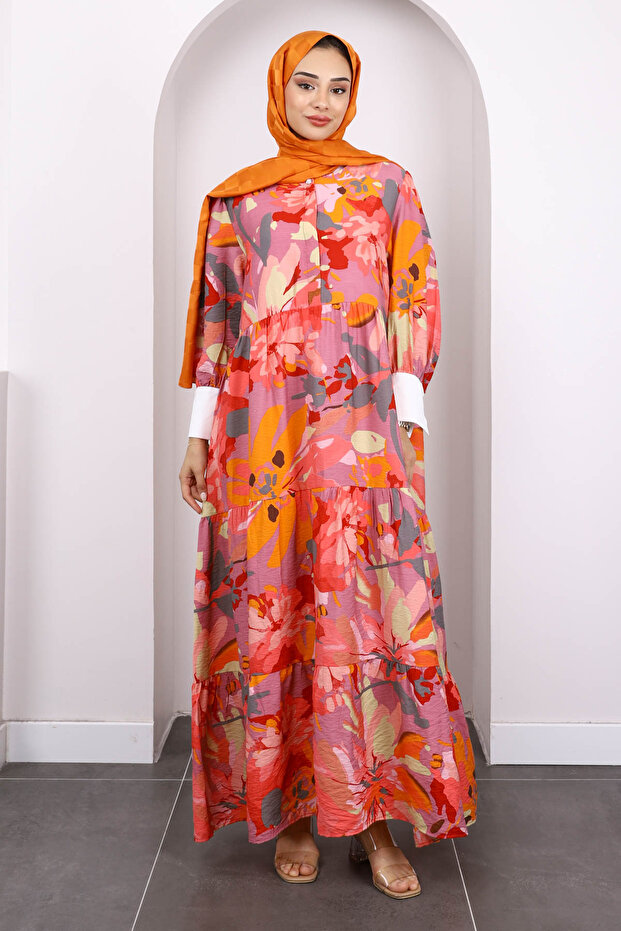 Dusty Rose Patterned Half Button Dress