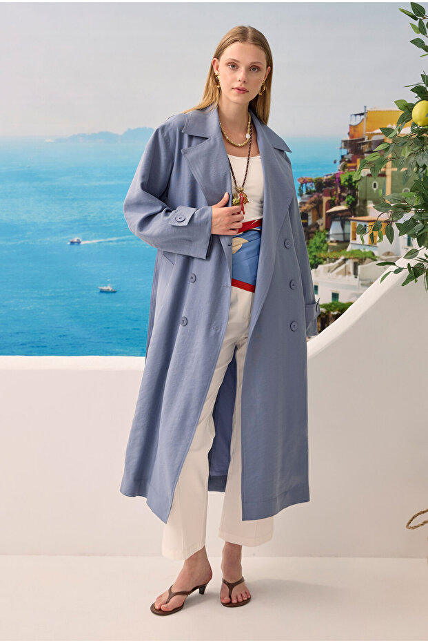 Buttoned Long Trench Coat Lavender Blue - 1