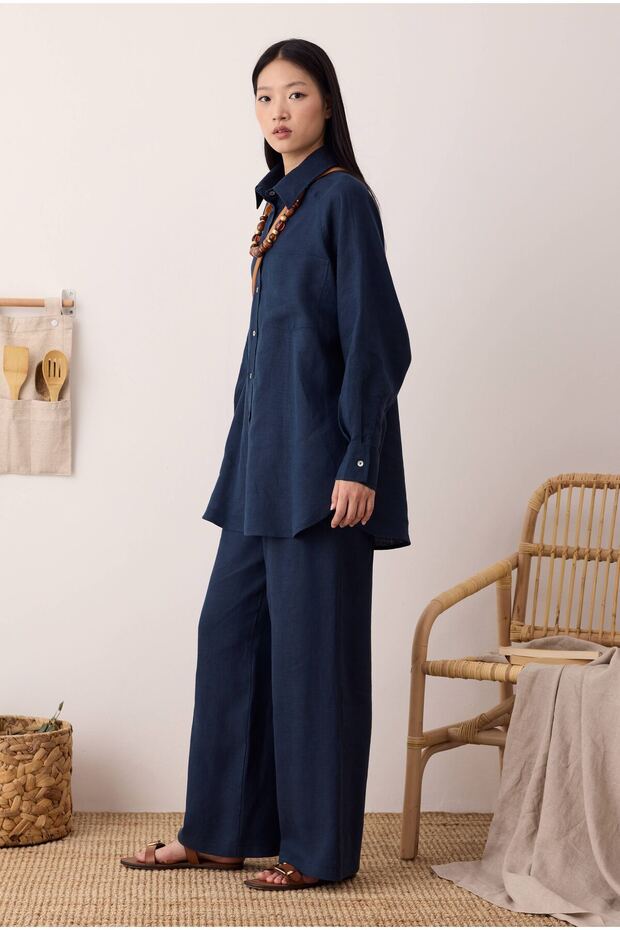 Pileli Basic Keten Pantolon Gece Mavi - 8