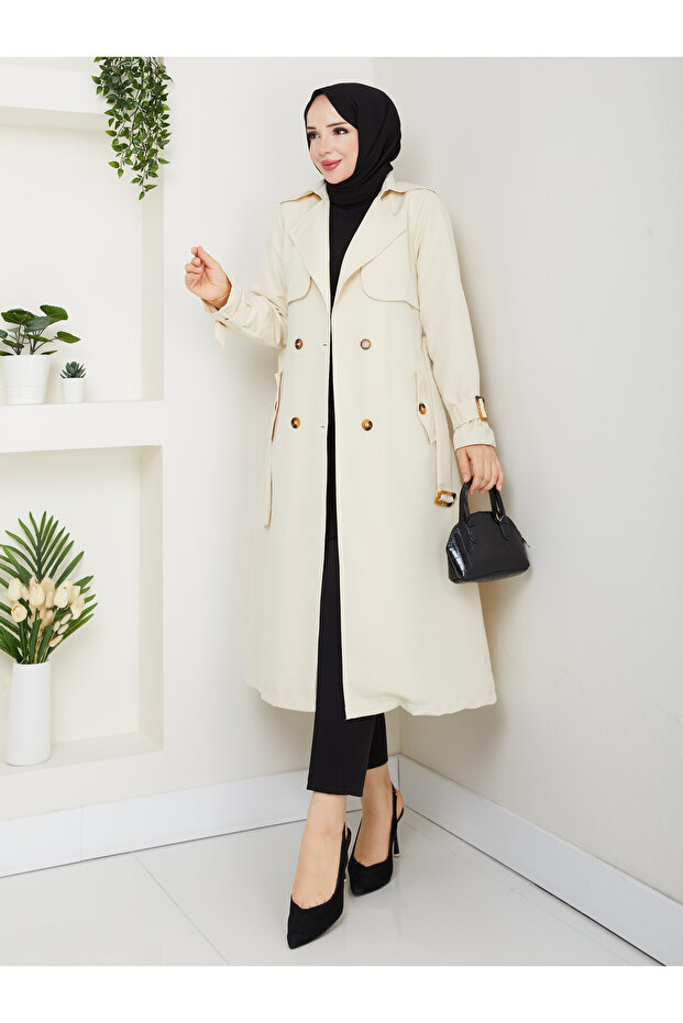 Torino Fabric Waterproof Belted Lined Hijab Trench Coat Rc1203089