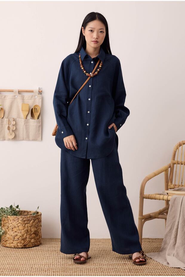 Pileli Basic Keten Pantolon Gece Mavi - 9