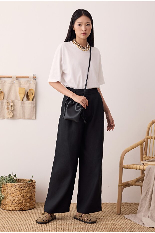 Pileli Basic Keten Pantolon Siyah - 3
