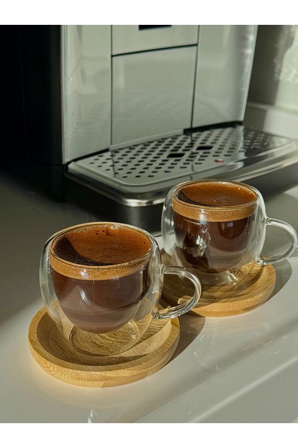 Kahve fincan takımı 2 kişilik çift çidarlı bambu altlıklı - 2