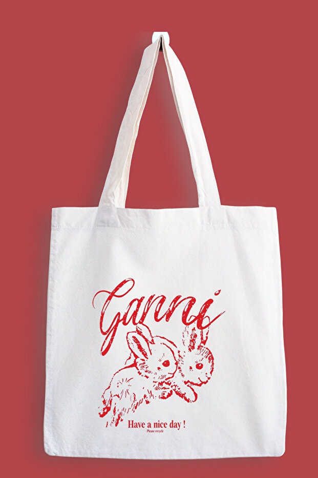 Ganni Rabbit Printed Cloth Bag, Tote Bag