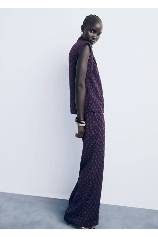 Puantiye desenli drape yaka bluz - 2