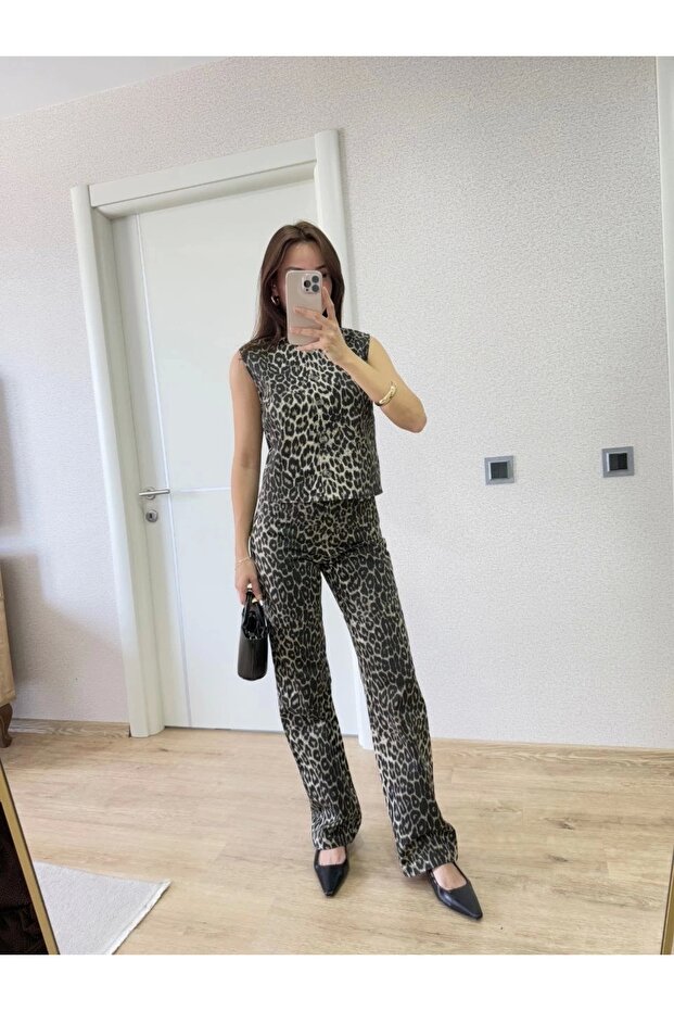 Leopard Print Buttoned Blouse and Trousers Double Set -Leopard - 7