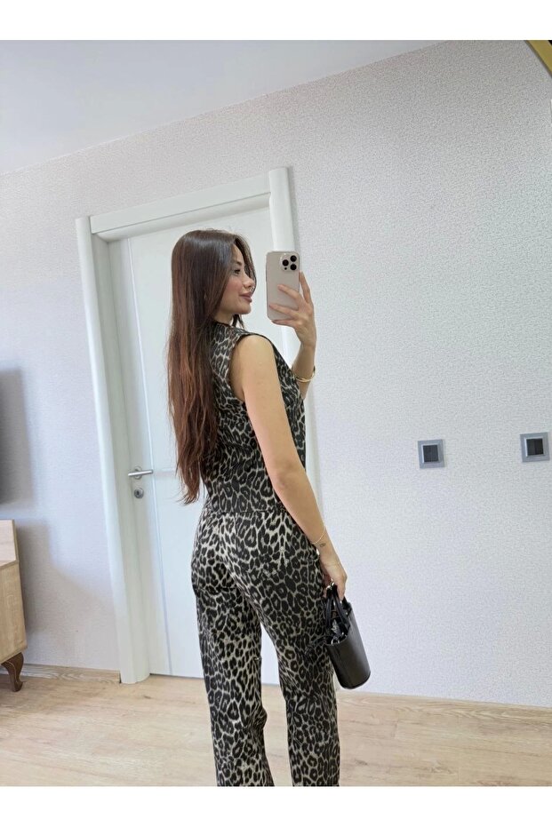 Leopard Print Buttoned Blouse and Trousers Double Set -Leopard - 3