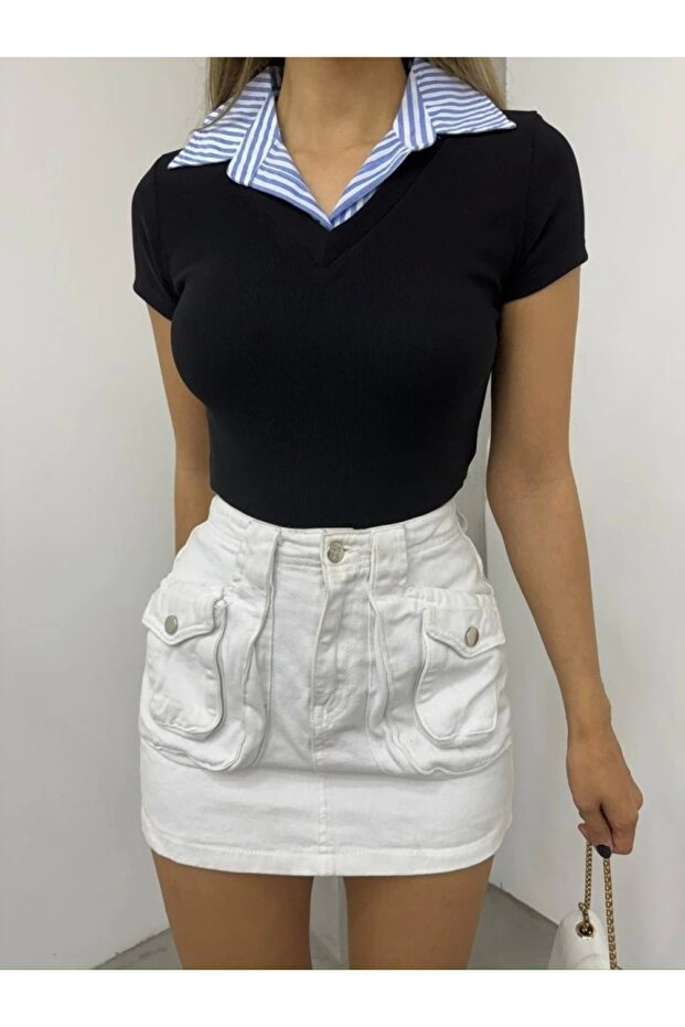 بلوزة بياقة عثمانية - أسود - 1