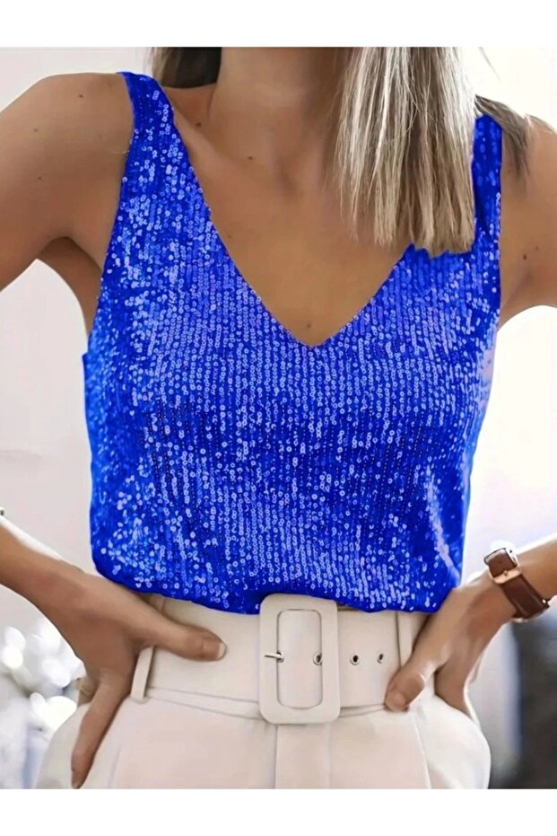 Sequin zero sleeve blouse - Cobalt - 6