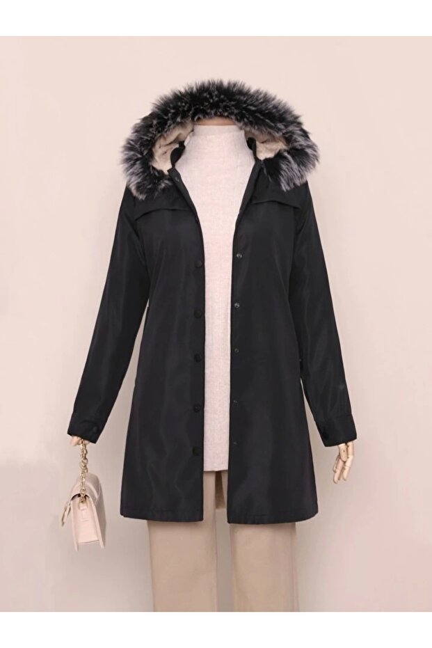 معطف قصير بغطاء للرأس مع جيوب - أسود - 2