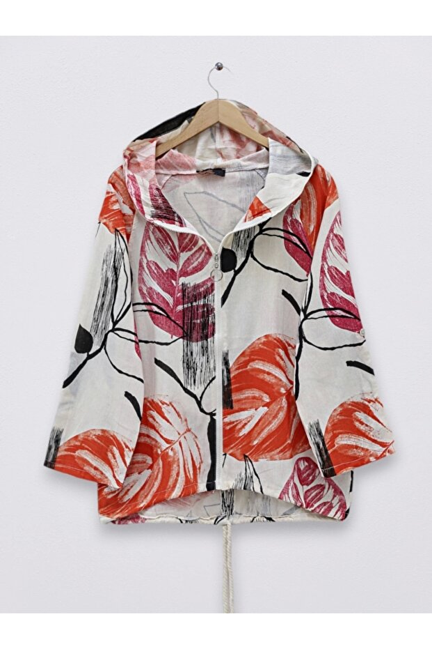 سترة من الكتان بتصميم مُزخرف بسحاب وغطاء للرأس - برتقالي - 4