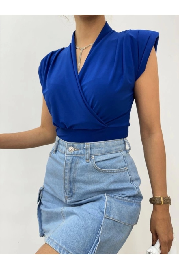 بلوزة ساندي مبطنة بدون أكمام مزدوجة الصدر - ساكس - 4