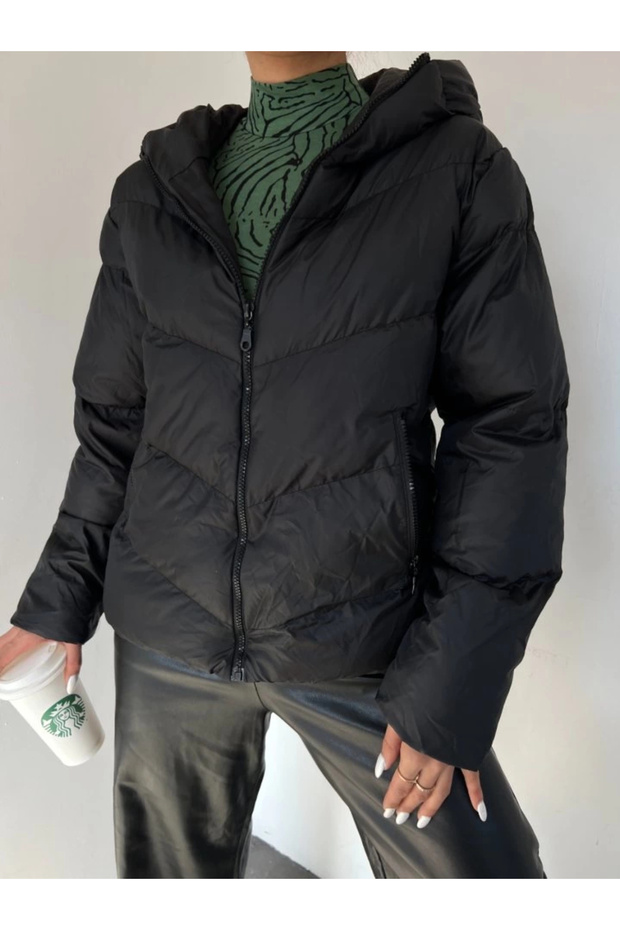 معطف شتوي بسحاب ثابت - أسود - 2