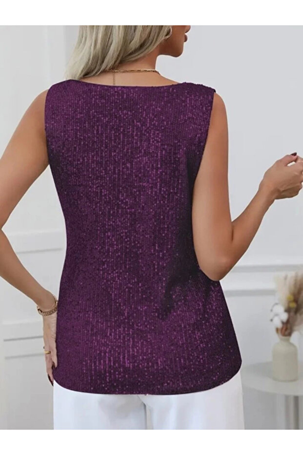 بلوزة بدون أكمام مزينة بالترتر - برقوقي - 5