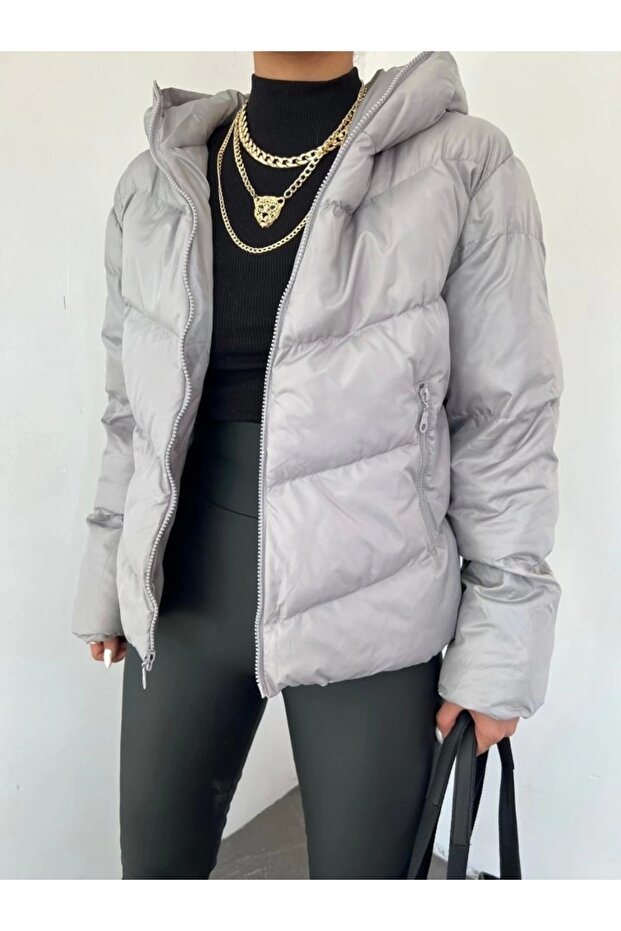 سترة شتوية ثابتة بغطاء للرأس وسحاب - رمادي - 1