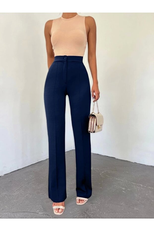 بنطلون ليكرا بأزرار - كحلي - 1