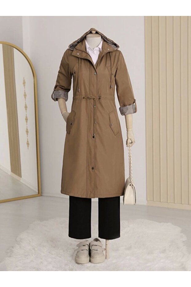 Striped lined trench coat - tan - 4