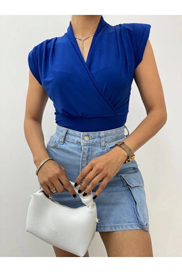 بلوزة ساندي مبطنة بدون أكمام مزدوجة الصدر - ساكس - 1