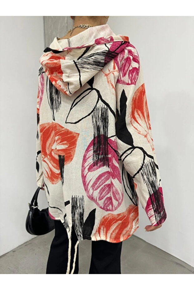 سترة من الكتان بتصميم مُزخرف بسحاب وغطاء للرأس - برتقالي - 3