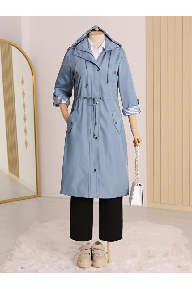 Lined Trench Coat - Blue - 1