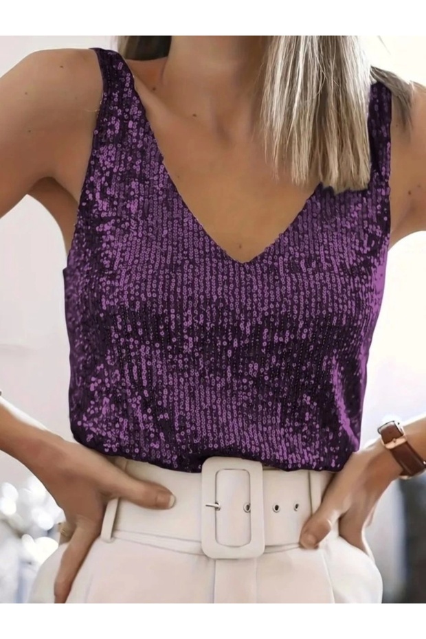 بلوزة بدون أكمام مزينة بالترتر - برقوقي - 6