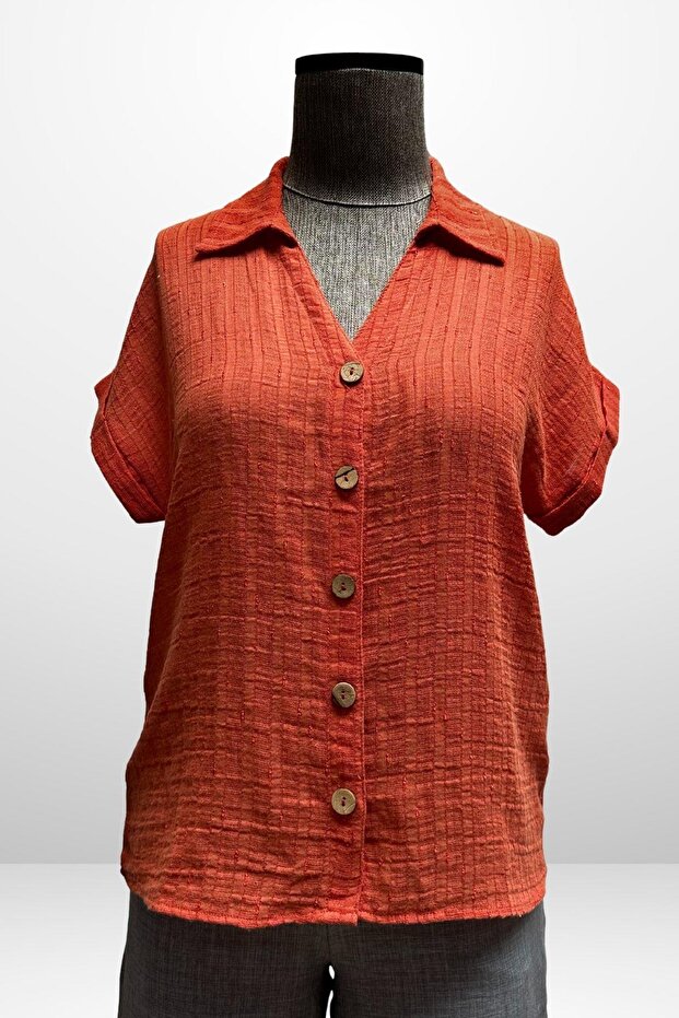 Women's Polo Neck Self Patterned Linen Shirt