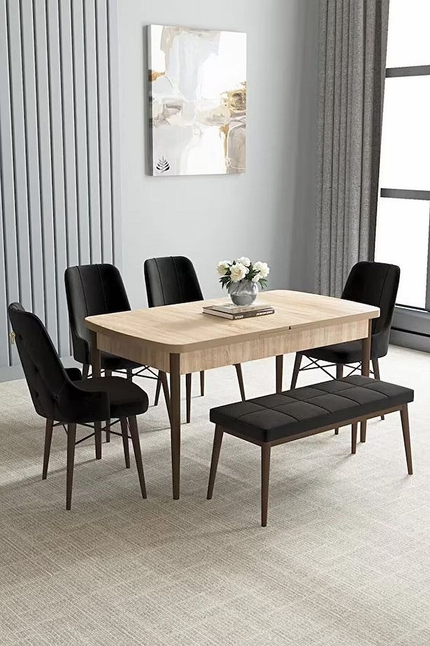 Loft Meşe Desen 80x132 Açılabilir Mdf Masa Yemek Odası Takımı, Mutfak Takımı 4 Sandalye, 1 Bench - 1