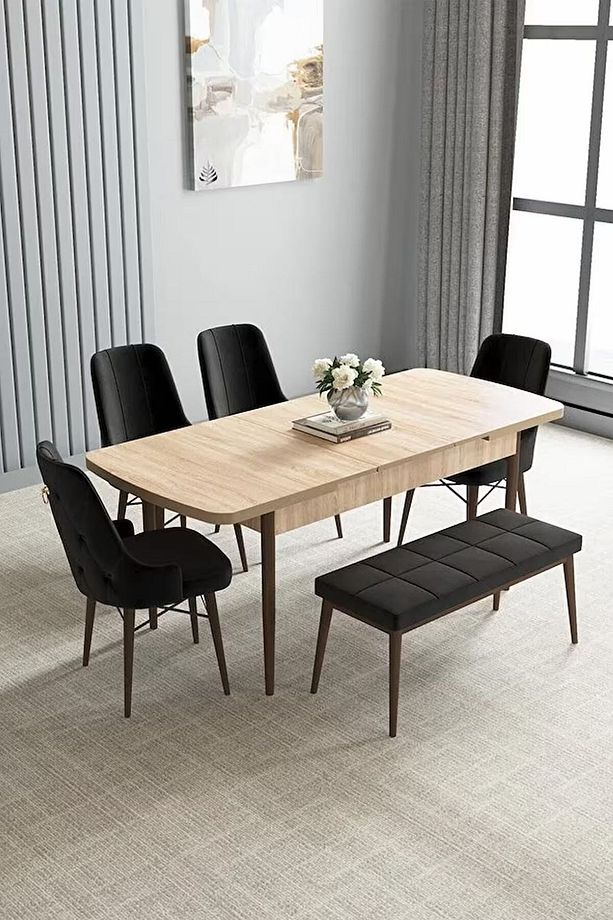 Loft Meşe Desen 80x132 Açılabilir Mdf Masa Yemek Odası Takımı, Mutfak Takımı 4 Sandalye, 1 Bench - 2