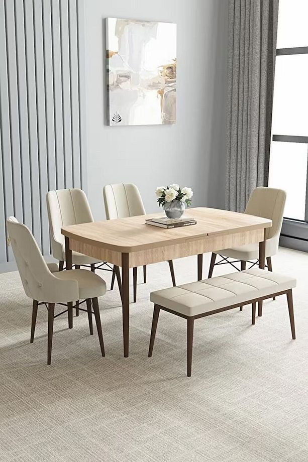Loft Meşe Desen 80x132 Açılabilir Mdf Masa Yemek Odası Takımı, Mutfak Takımı 4 Sandalye, 1 Bench - 1