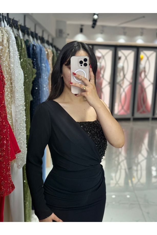 Tek Omuz Göğüs İşleme Midi Boy Abiye Elbise - 2
