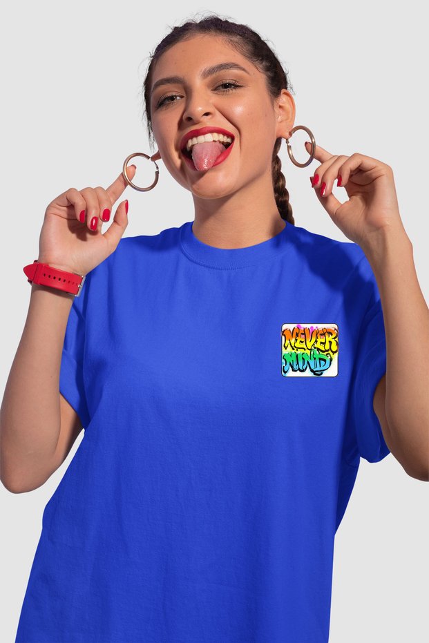 Unisex Colorful Graffiti Printed Oversize White T-Shirt Navy Blue
