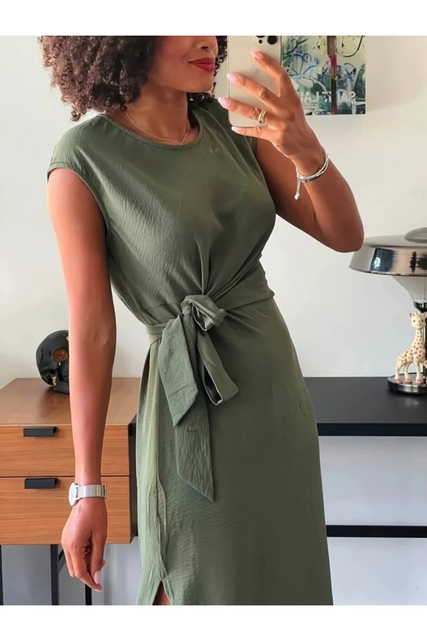 Women's short sleeve round neck waist lace-up front Slit aerobin dress