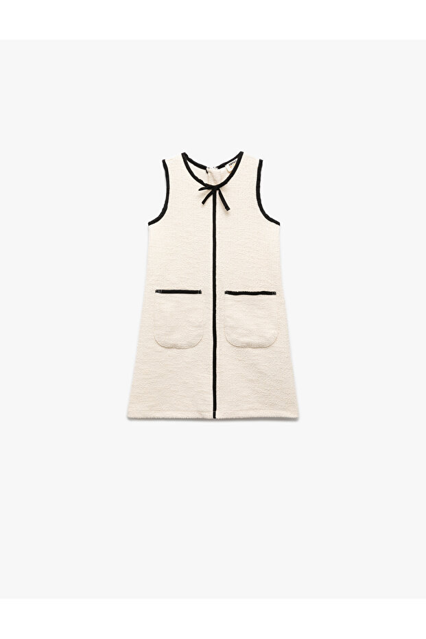 Bow Detailed Sleeveless Crew Neck Tweed Dress