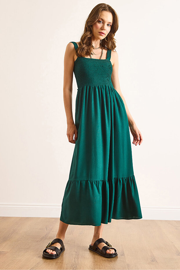 Women's Emerald Green Strap Gipeli Midi Woven Viscose Dress Elb-19002102